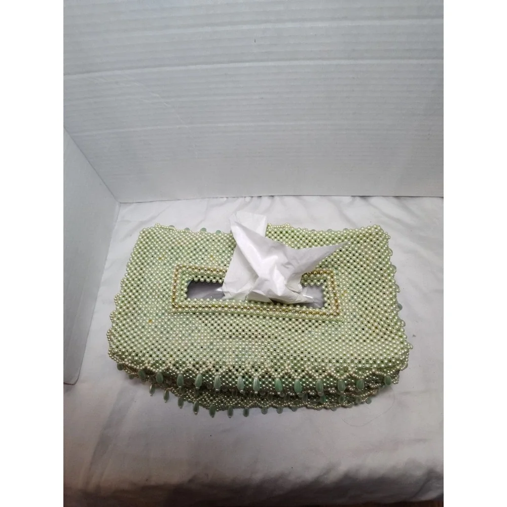 Handmade Green & White Beaded Tissue Box Cover 9.5